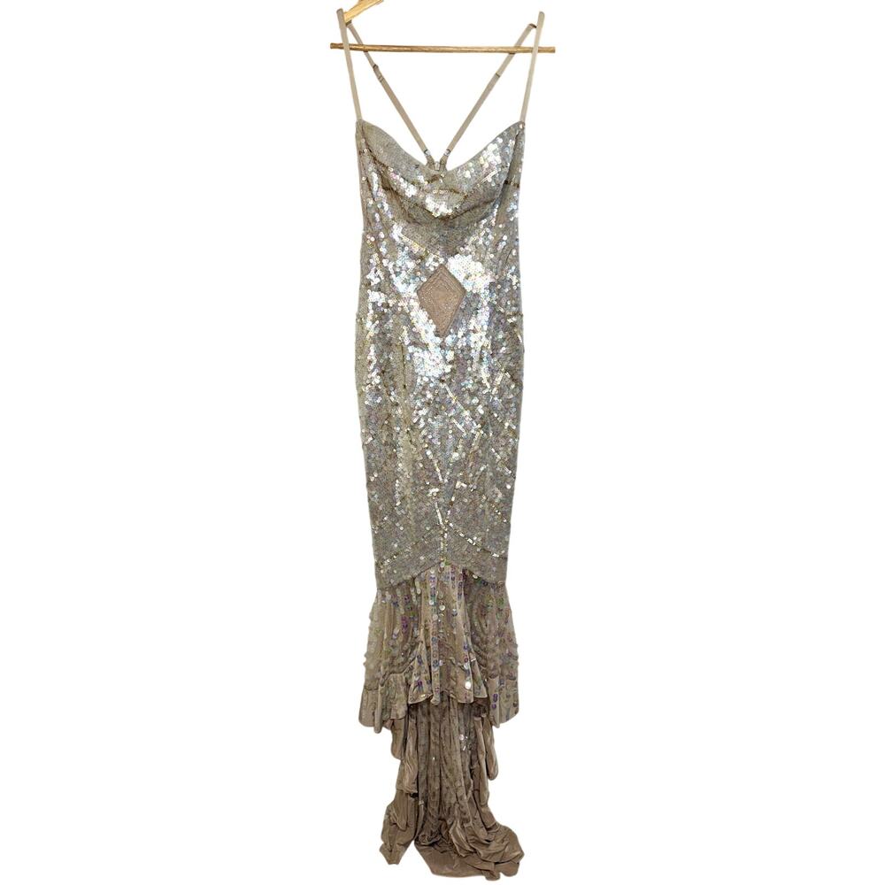 NWT Mandalay Pearl Sequin High Low Maxi Gown Evening Formal Dress Womens Size 8